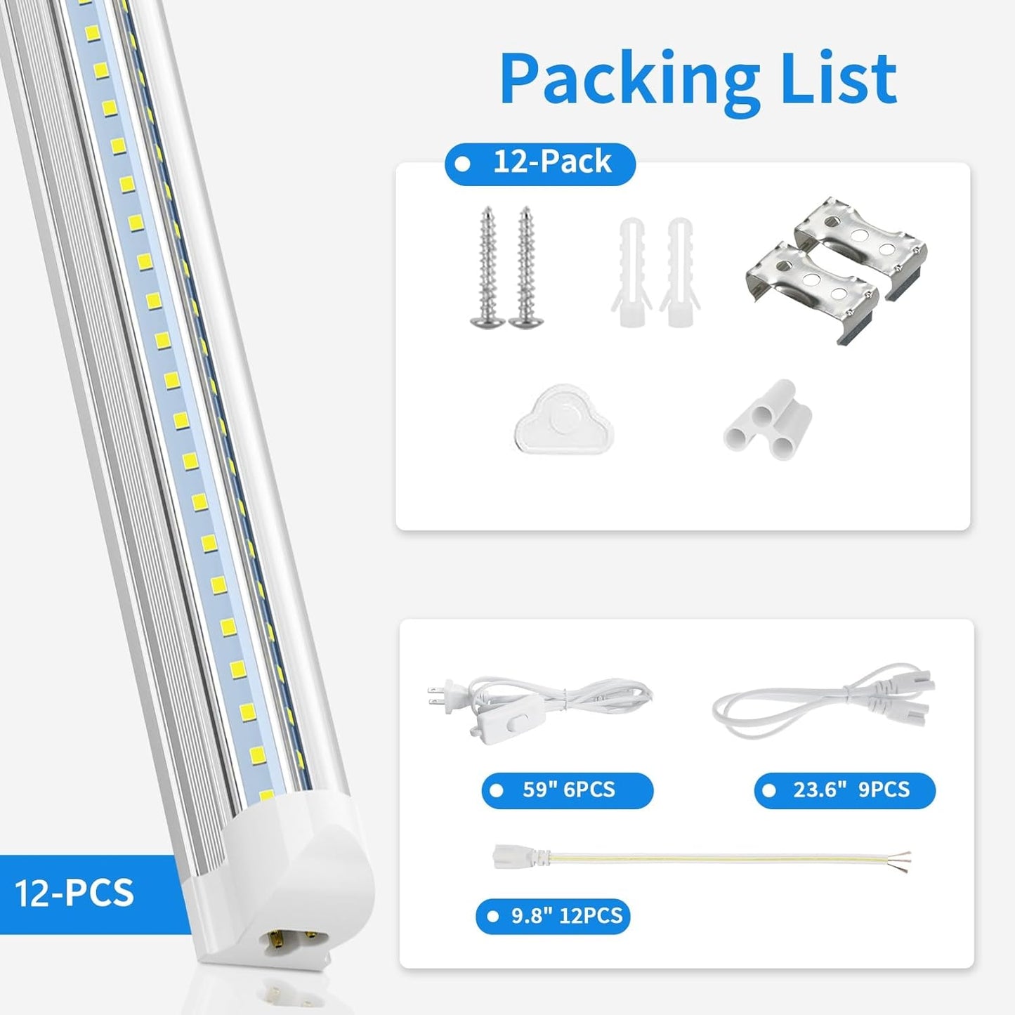 (12-Pack) LED Shop Light 6FT, 60W High Output 8000LM, 6000K Daylight, V-Shaped Linkable LED Light Fixture for Utility Shop, T8 Integrated Shop Light for Garage, Basement, Warehouse, ETL Listed