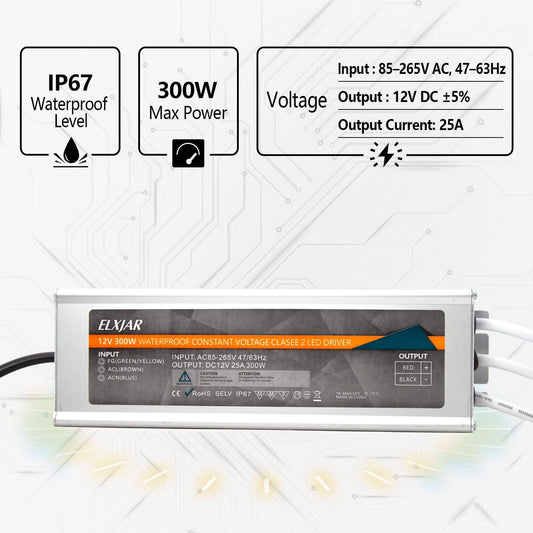 (1-Pack) 300W 12V LED Power Supply IP67 Waterproof Transformer 100-240V AC to 12V DC 25A Outdoor Adapter for LED Strip Lights CCTV Cameras and Electronic Systems