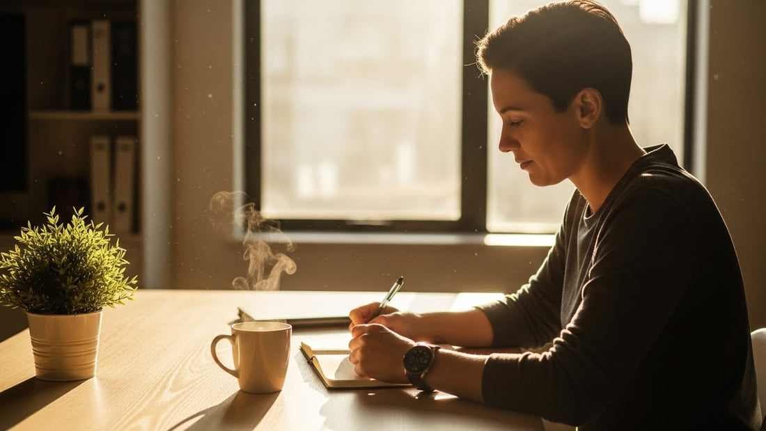 Person managing energy levels with smart living technology and wellness devices for better productivity and wellbeing