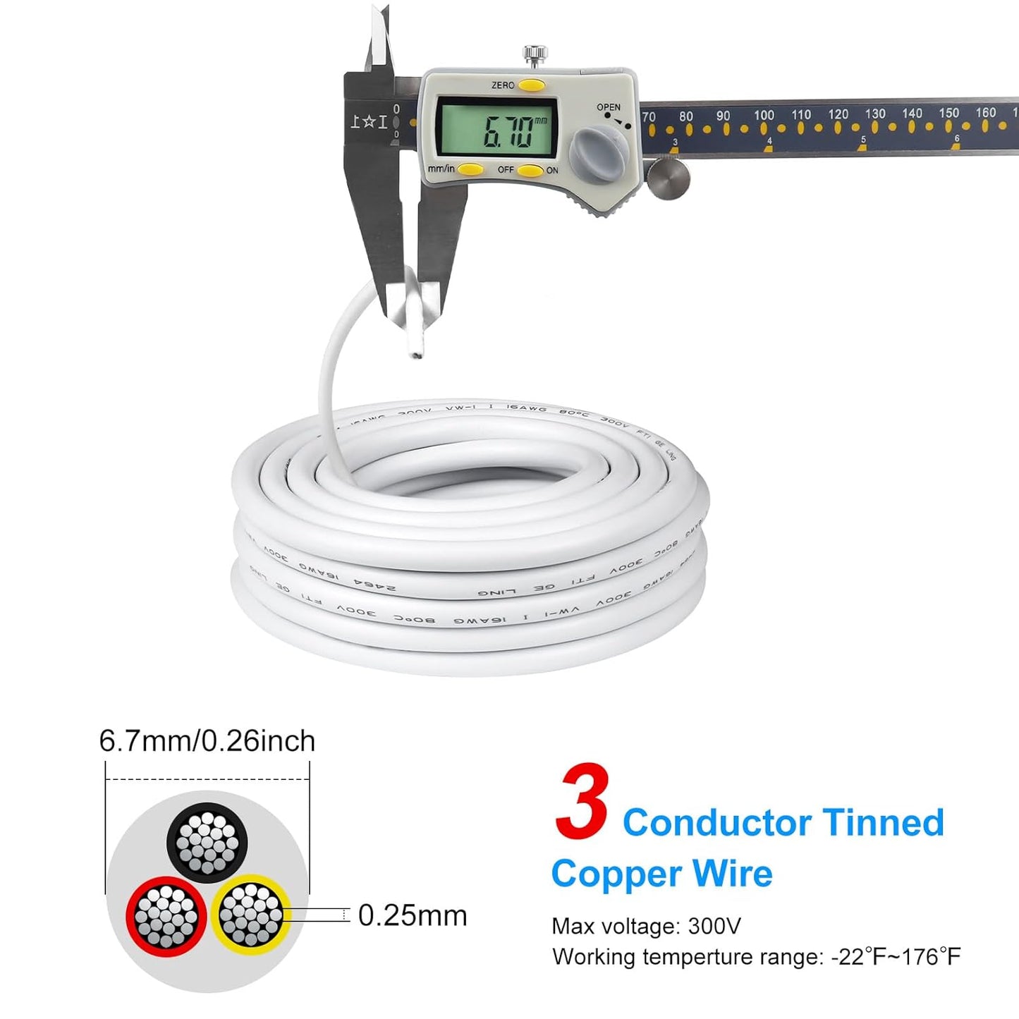 100FT 16 Gauge 3 Conductor Electrical Wire, 16 AWG Stranded Low Voltage LED Cable, 16/3 Tinned Copper Hookup Wire, Insulated PVC Jackted Flexible Power Wire for LED Lamp Lighting Strip Automotive