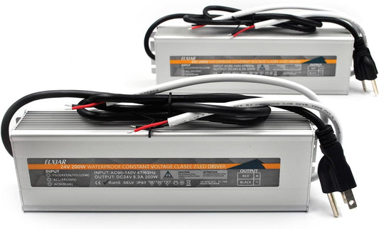 (2-Pack) 200W 24V Waterproof LED Power Supply Driver Transformer IP67, Adapter 90V-140V AC to 24V DC for LED Light, Computer Project, Outdoor Lighting