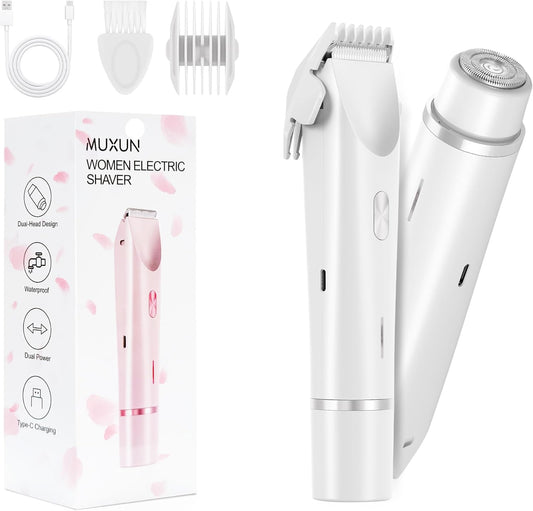 Bikini Trimmer for Women-2 in 1 Dual Head Electric Razors,USB Rechargeable Bikini Electric Shaver,IPX7 Waterproof Dry & Wet Use Body Hair Trimmer and Facial Hair Remover for Underarm Leg Body,White