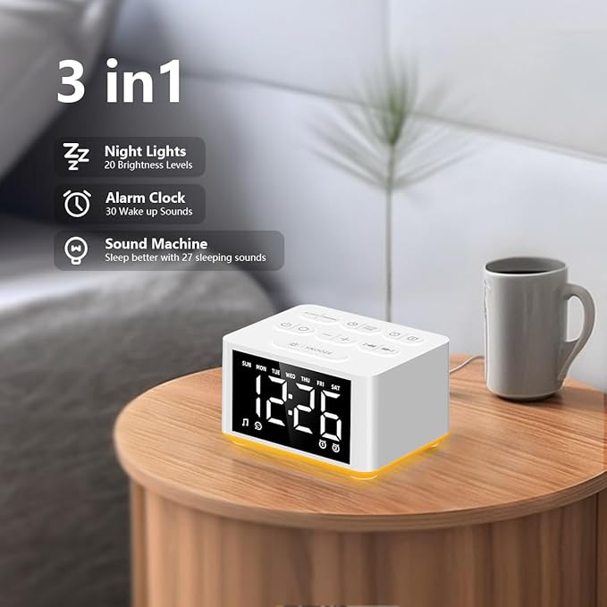 DailyBody 【3 in 1】 Sound Machine Dual Alarm Clock Night Light White - image 2