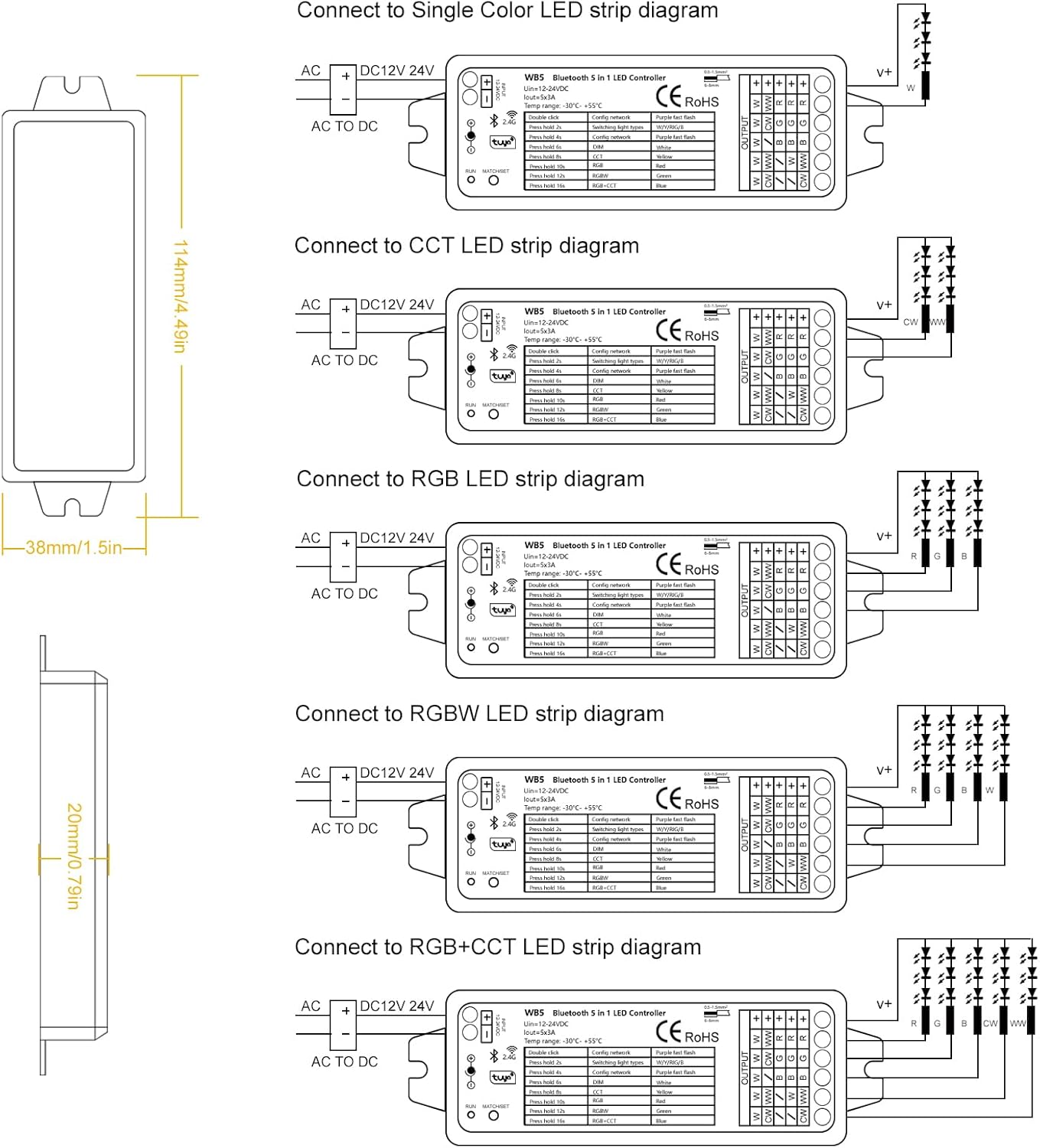 (2 Pack) 5in1 WB5 LED Controllers Bluetooth Control 2.4GHz Dimmable CCT RGB RGBW RGBCCT COB LED Strips - Compatible with Tuya App Echo Alexa Google Home Voice Control