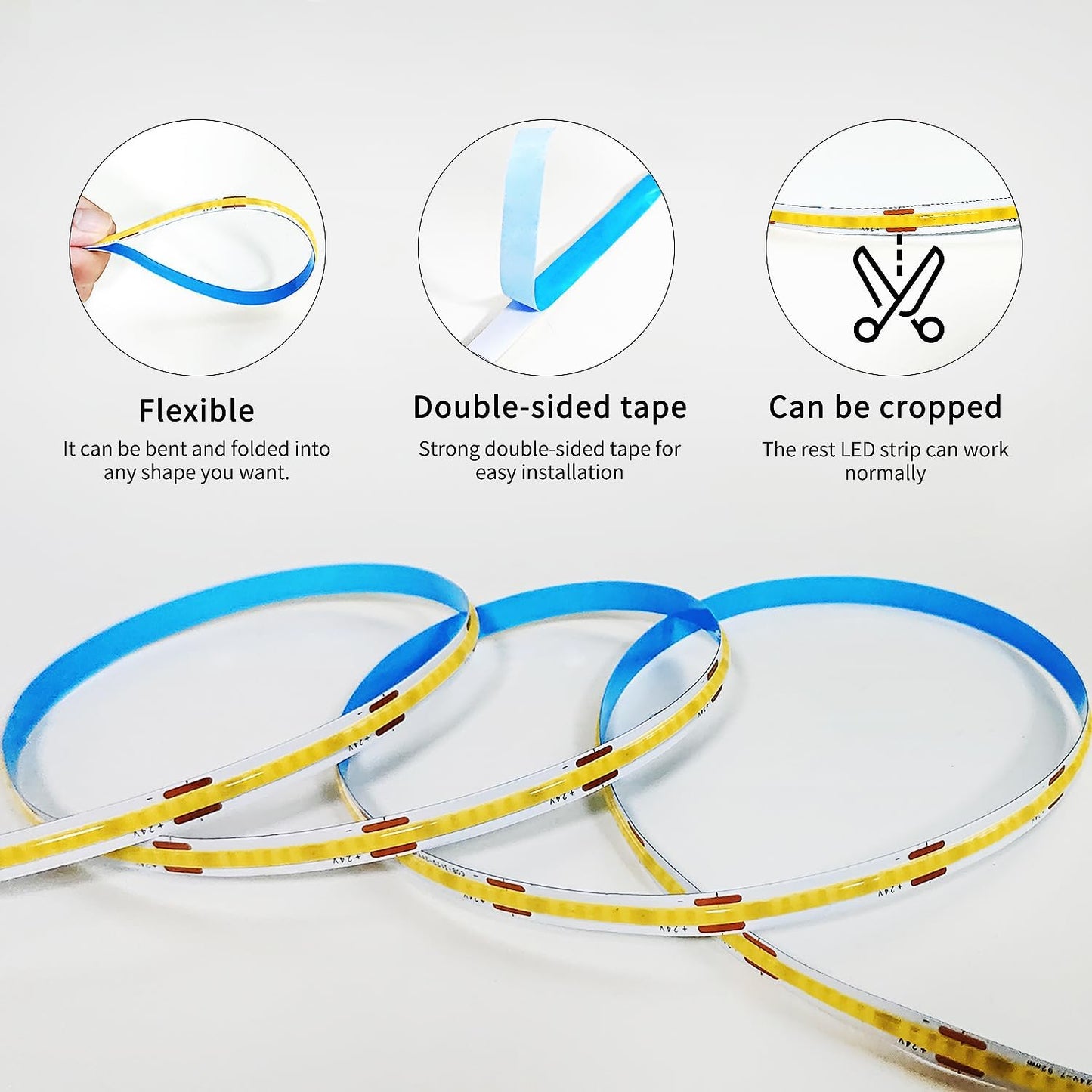 100FT COB LED Strip Lights Warm White Dimmable DC 24V 3000K Flexible LED Tape Light for Bedroom, with Remote and app Control LED Tape Lights,for DIY Home Decoration