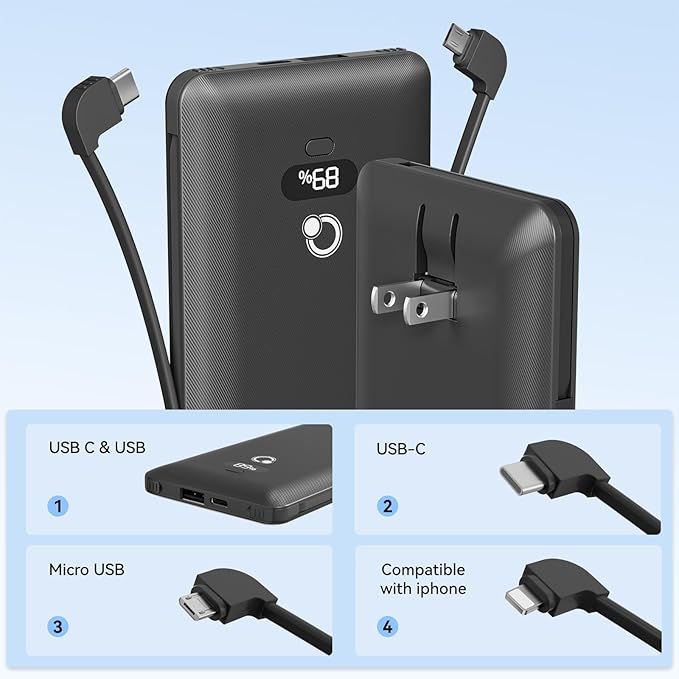Brand Q 10000mAh Portable Charger with Built-in Cables and AC Wall - image 4