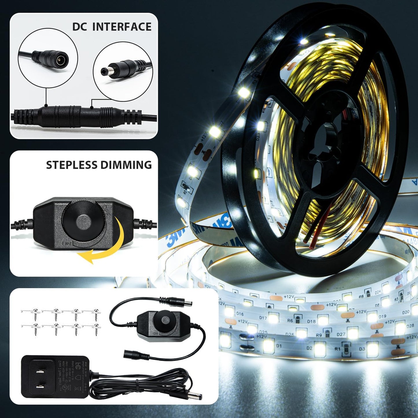 ollrieu 10ft White LED Strip Lights,12V Dimmable Tape Lighting - image 3