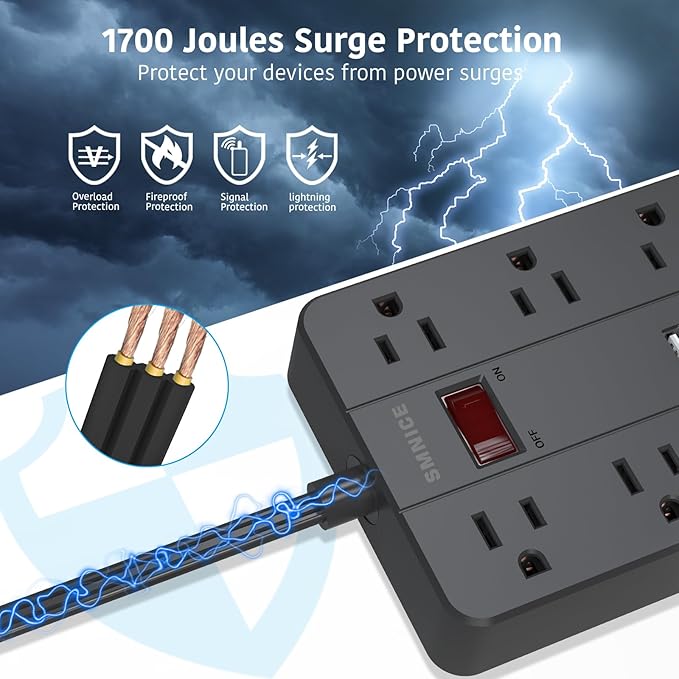 SMNICE 10 Ft Extension Cord Surge Protector - image 5