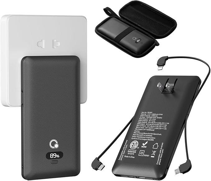 Brand Q 10000mAh Portable Charger with Built-in Cables and AC Wall - image 1