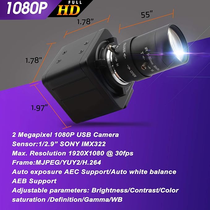 Hotpet 1080P Webcam 5-50mm Varifocal Lens USB Camera HD 2MP 0.01Lux - image 5