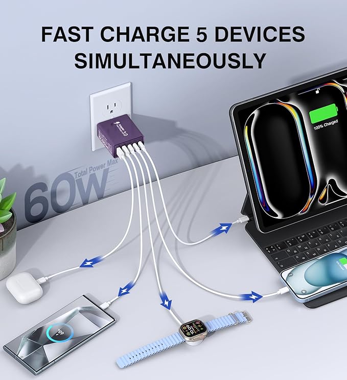 Qwinjwin [2Pack] 60W USB C Plug,5-Port Fast Charger Block PD+QC Cube - image 3