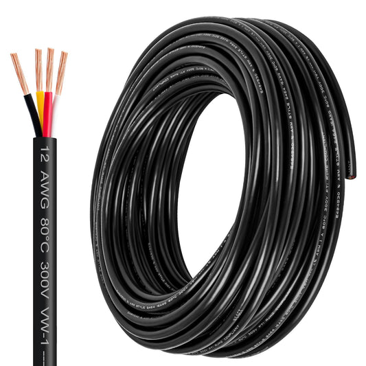 12 Gauge Wire 4 Conductor,12 AWG Electrical Wire Stranded PVC Cord Oxygen-Free Copper Cable 600V 12/4 Core Pure Copper Flexible Cable for LED Lamp Lighting Strips Automotive (12AWG-4C, 50FT)