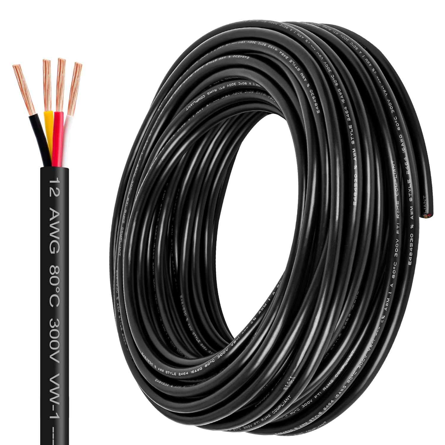 12 Gauge Wire 4 Conductor,12 AWG Electrical Wire Stranded PVC Cord Oxygen-Free Copper Cable 600V 12/4 Core Pure Copper Flexible Cable for LED Lamp Lighting Strips Automotive(12AWG-4C, 100FT)