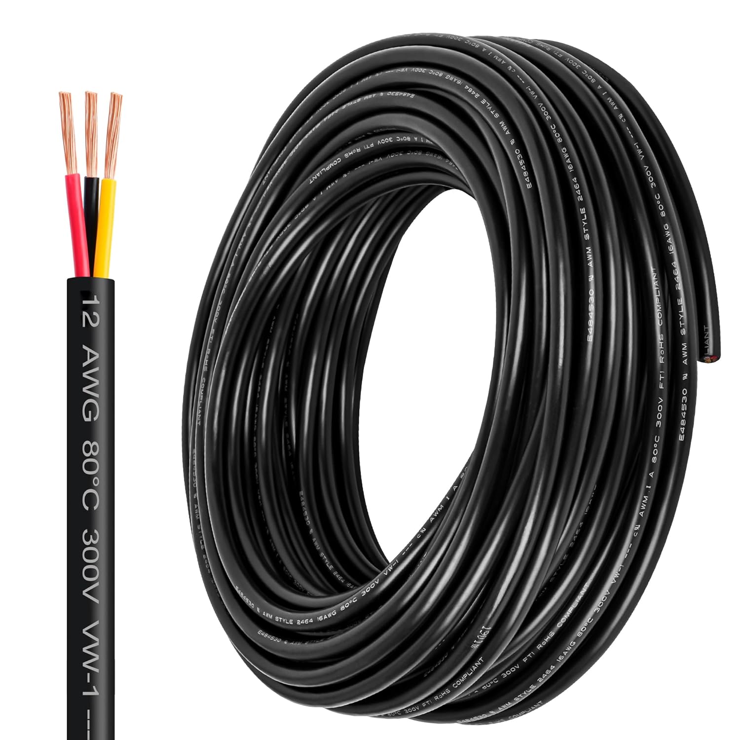 12 Gauge Wire 3 Conductor,12 AWG Electrical Wire Stranded PVC Cord Oxygen-Free Copper Cable,26FT 3 Core Pure Copper Flexible Cable Wire for LED Lamp Lighting Strips Automotive (12AWG-3C, 26FT)…