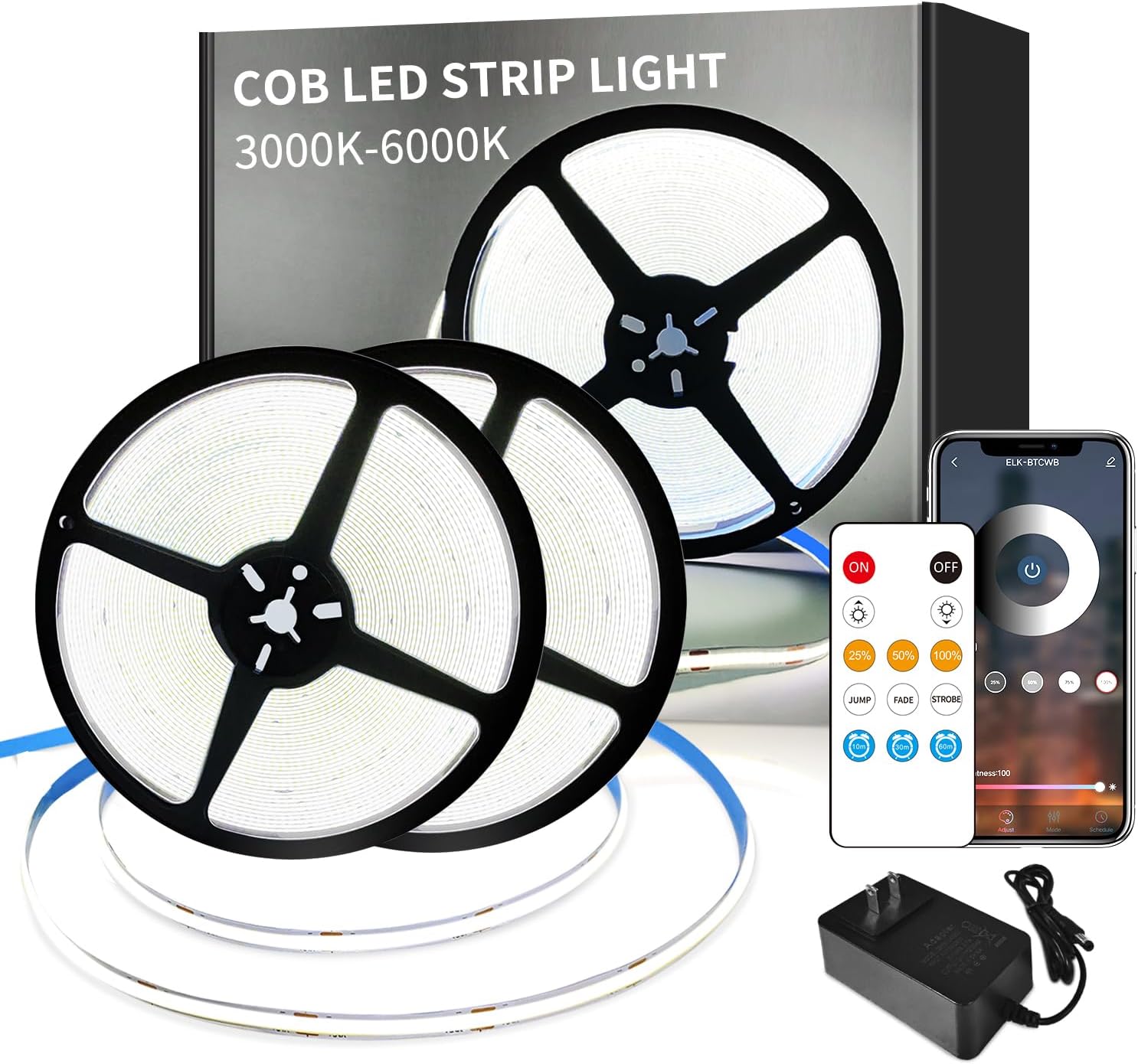 100FT COB LED Strip Lights White Dimmable DC 24V 6000K Flexible LED Tape Light for Bedroom, with Remote and app Control LED Tape Lights for DIY Home Decoration