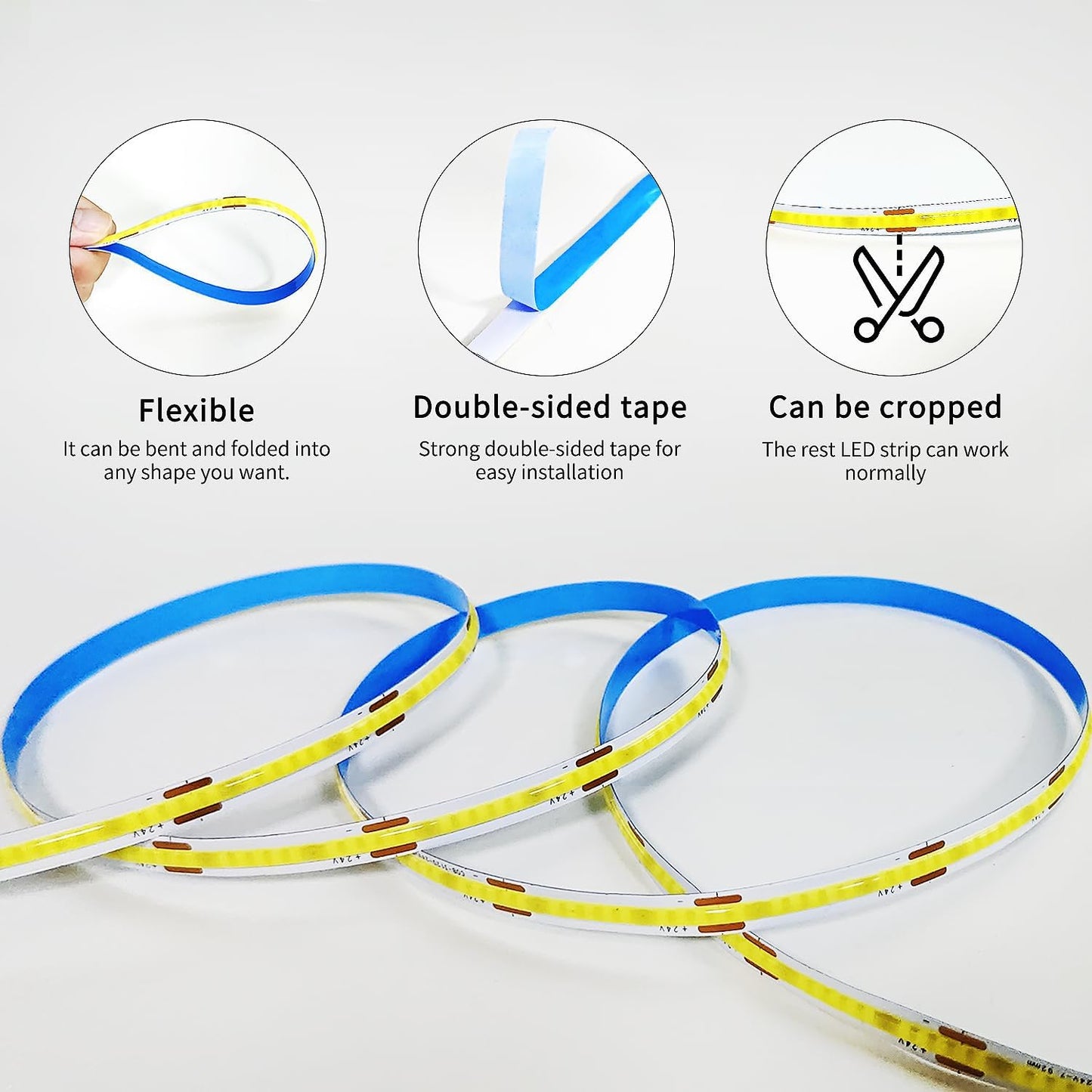 100ft COB LED Strip Lights DC 24V Dimmable 6000K White Flexible LED Tape Light for Bedroom, with Remote and app Control LED Tape Lights,for DIY Home Decoration