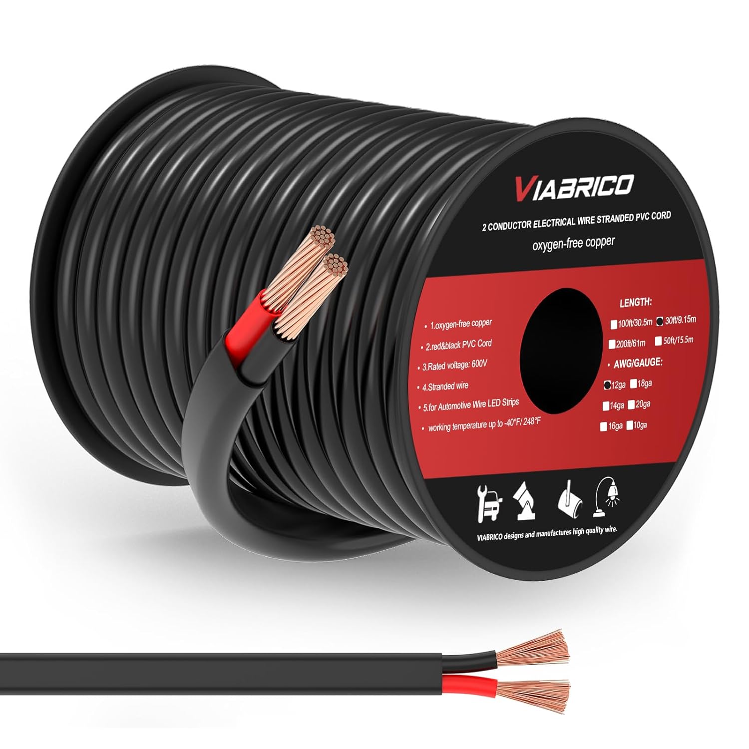 VIABRICO 12 Gauge Wire 2 Conductor Electrical Wire - Everyday Use - image 1