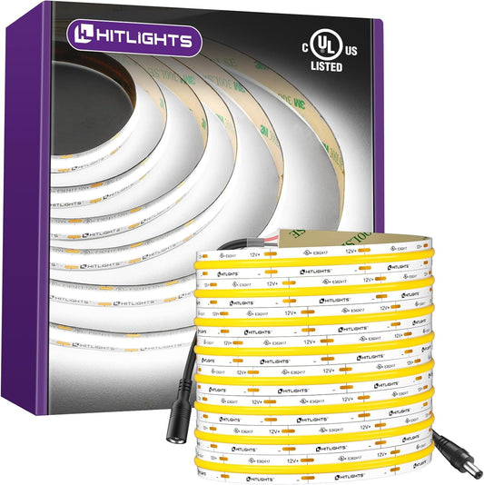 HitLights White COB LED Strip Lights 5000K, 12V Tape Light 16.4ft, 2640 LEDs, 426 lm/ft, CRI 90+, IP30, Premium High Density Lighting for Kitchen, Cabinets, Room, UL Listed(Power Source Not Included)