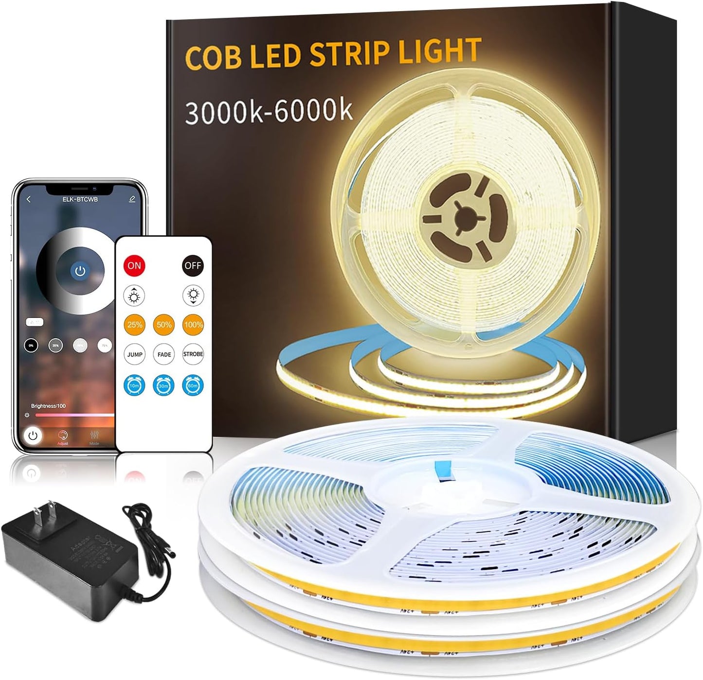 100FT COB LED Strip Lights DC 24V Dimmable 3000K Warm White Flexible LED Tape Light for Bedroom, with Remote and app Control LED Tape Lights,for DIY Home Decoration