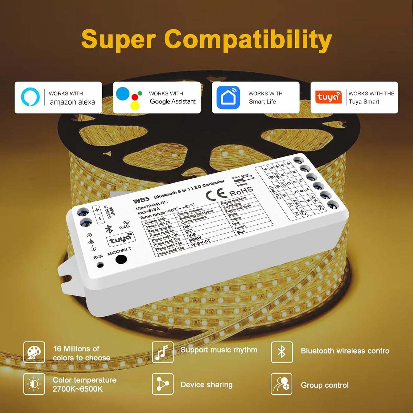 (2 Pack) 5in1 WB5 LED Controllers Bluetooth Control 2.4GHz Dimmable CCT RGB RGBW RGBCCT COB LED Strips - Compatible with Tuya App Echo Alexa Google Home Voice Control