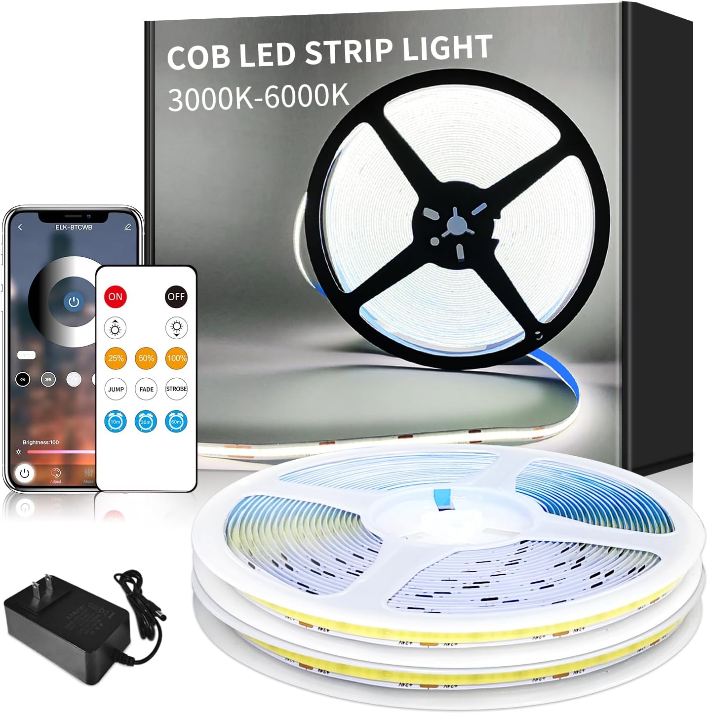 100ft COB LED Strip Lights DC 24V Dimmable 6000K White Flexible LED Tape Light for Bedroom, with Remote and app Control LED Tape Lights,for DIY Home Decoration