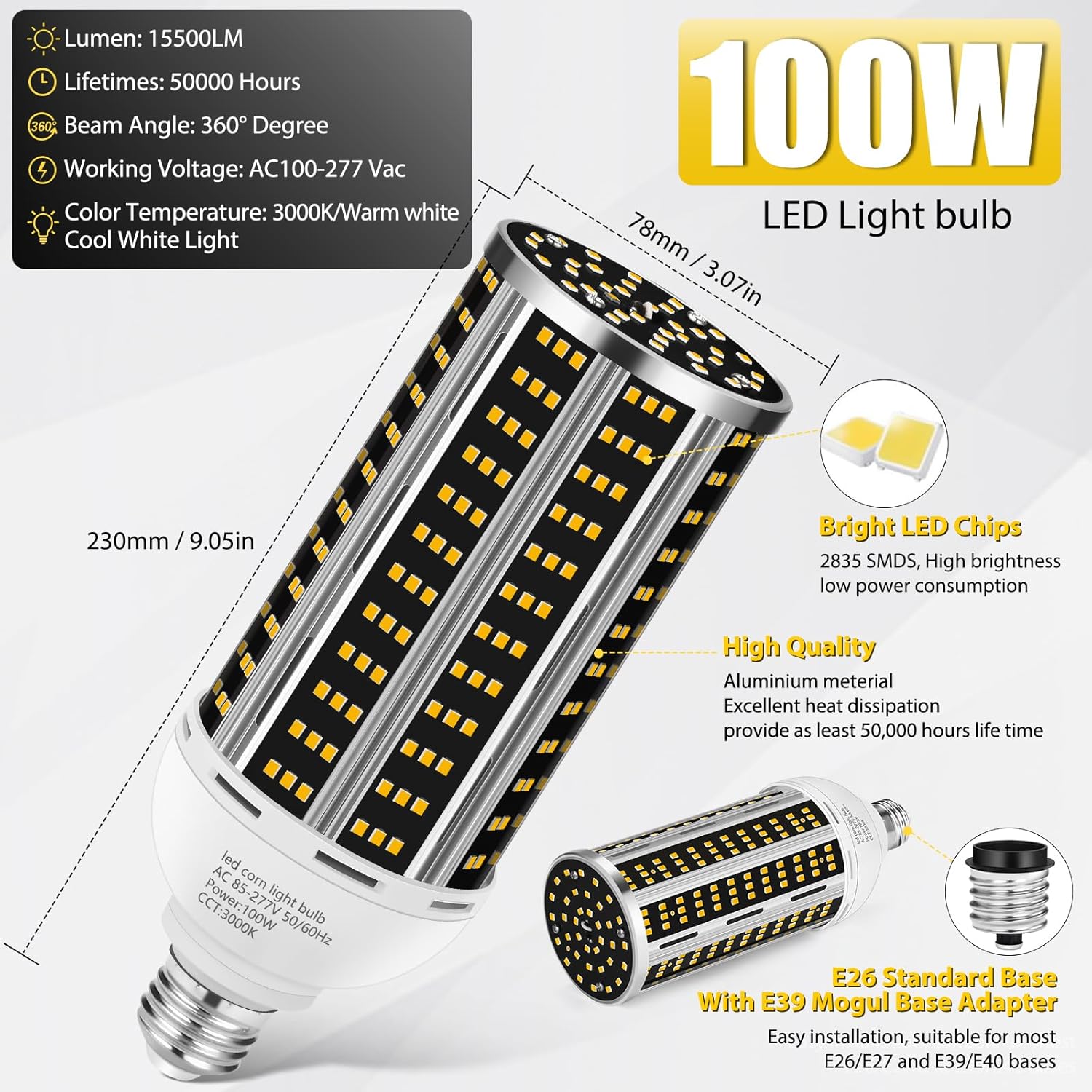 YANYCN 100W 2 pack LED Corn Light Bulb,Warm White 3000K(1000W - image 2