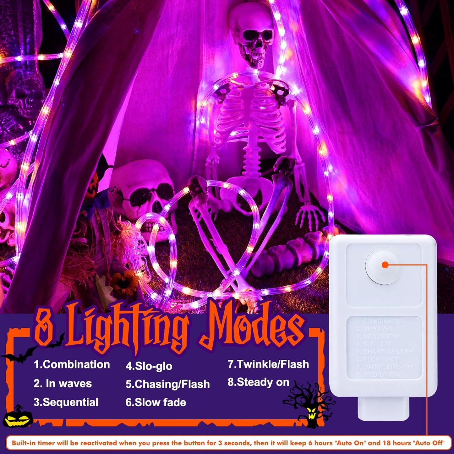 100ft LED Rope Lights Outdoor, 720 LED Connectable and Flexible Tube Lights with 8 Modes, Waterproof Indoor Outdoor LED Rope Lighting for Deck, Garden, Pool, Patio, Holloween Decor (Orange & Purple)