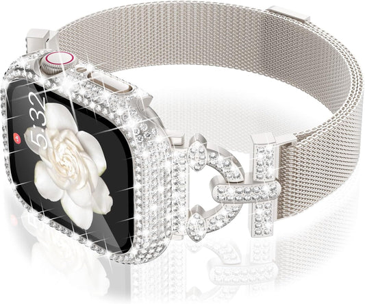 WINGLE Milanese Loop for Apple Watch Bands Women 40mm SE 3/2/1 Series 6 5 4 Slim Magnetic Metal Mesh Band with Bling Glitter Case Screen Protector Dressy Apple Watch Band iWatch Strap, Starlight