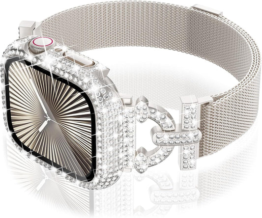 WINGLE Milanese Loop for Apple Watch Bands Series 11 10 42mm Women Slim Magnetic Metal Mesh Band with Bling Glitter Case Screen Protector Dressy Apple Watch Band iWatch Strap for Woman, Starlight