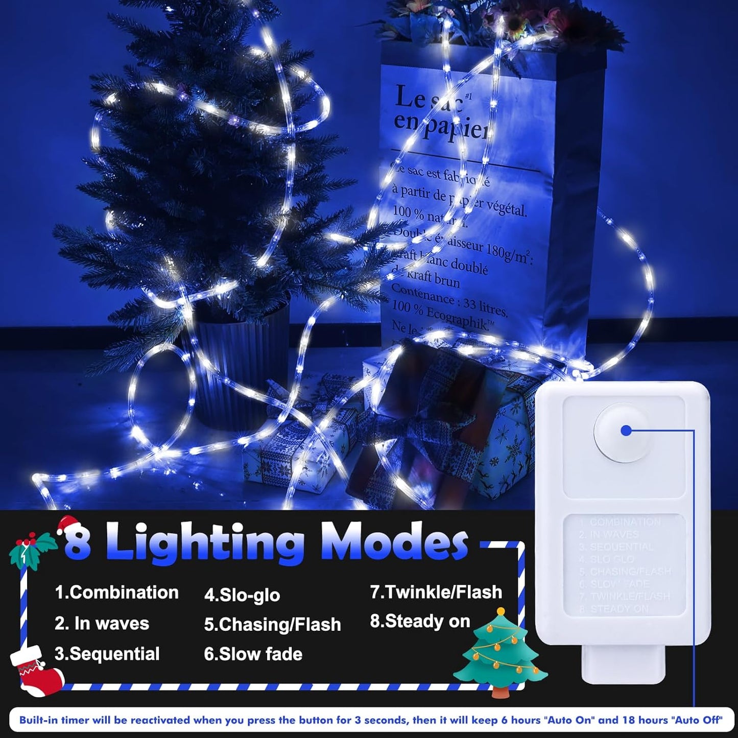 100ft LED Rope Lights Outdoor, 720 LED Connectable and Flexible Tube Lights with 8 Modes, Waterproof LED Rope Lighting for Garden Patio Bedroom Party Pool Indoor Outdoor Christmas Decor (White & Blue)