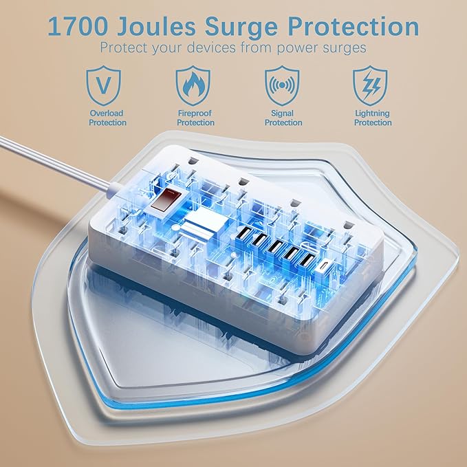 10 Ft Long Extension Cord,Power Strip Surge Protector HUNIAN Flat Plug - image 6