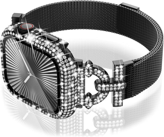 WINGLE Milanese Loop for Apple Watch Bands Series 11 10 46mm Women Slim Magnetic Metal Mesh Band with Bling Glitter Case Screen Protector Dressy Apple Watch Band iWatch Strap for Woman, Black