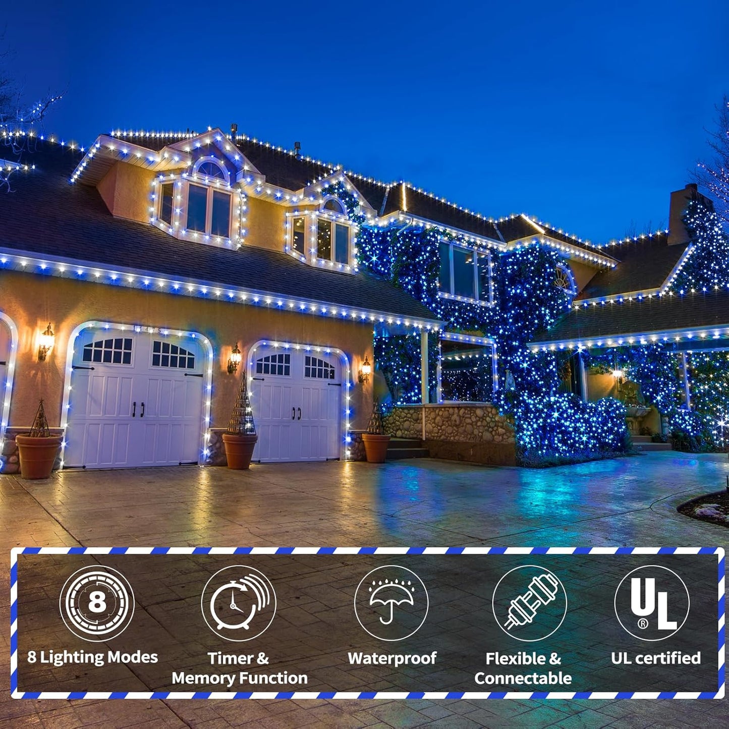 100ft LED Rope Lights Outdoor, 720 LED Connectable and Flexible Tube Lights with 8 Modes, Waterproof LED Rope Lighting for Garden Patio Bedroom Party Pool Indoor Outdoor Christmas Decor (White & Blue)