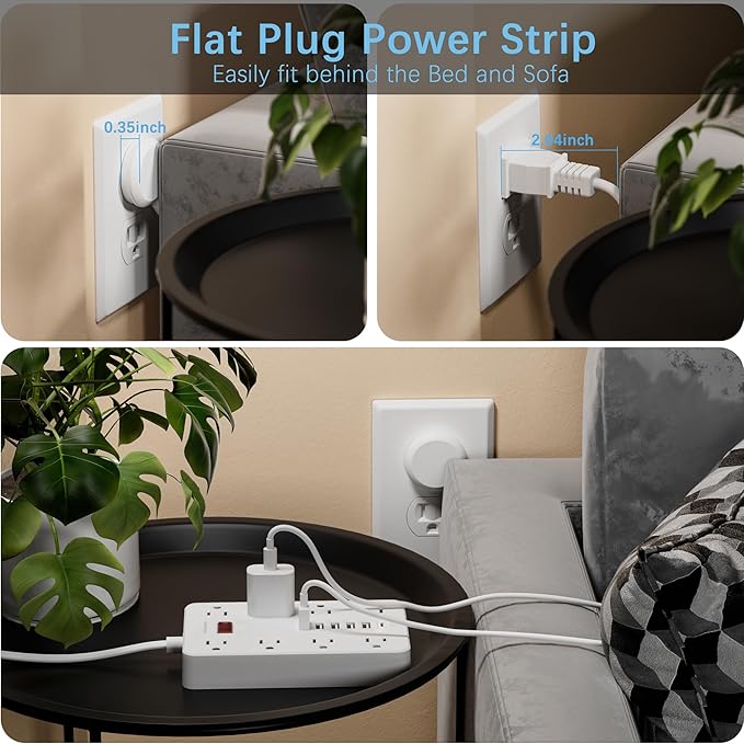 10 Ft Long Extension Cord,Power Strip Surge Protector HUNIAN Flat Plug - image 3