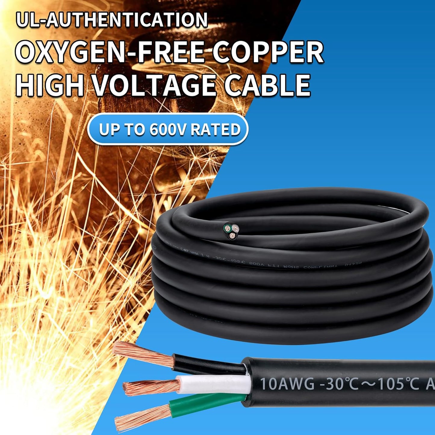 10 Gauge 3 Conductor Electrical Wire 10 AWG 3 Wire Oxygen-Free Copper PVC Stranded 100FT 10/3 Wire for LED Lighting Outdoor Low Voltage Extension Cable (10AWG-3C, 100FT)