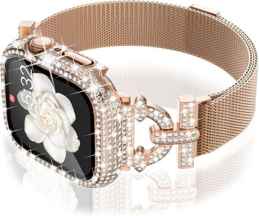 WINGLE Milanese Loop for Apple Watch Bands Women 44mm SE 3/2/1 Series 6 5 4 Slim Magnetic Metal Mesh Band with Bling Glitter Case Screen Protector Dressy Apple Watch Band iWatch Strap, Rose Gold