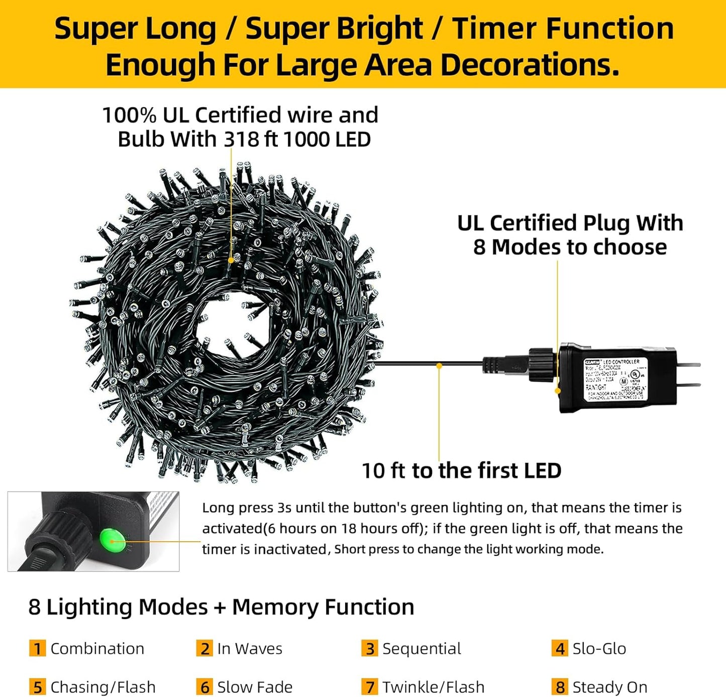 OUTYLTS 1000 LED 328ft 8 Modes with Timer Christmas String Lights IP55 - image 3