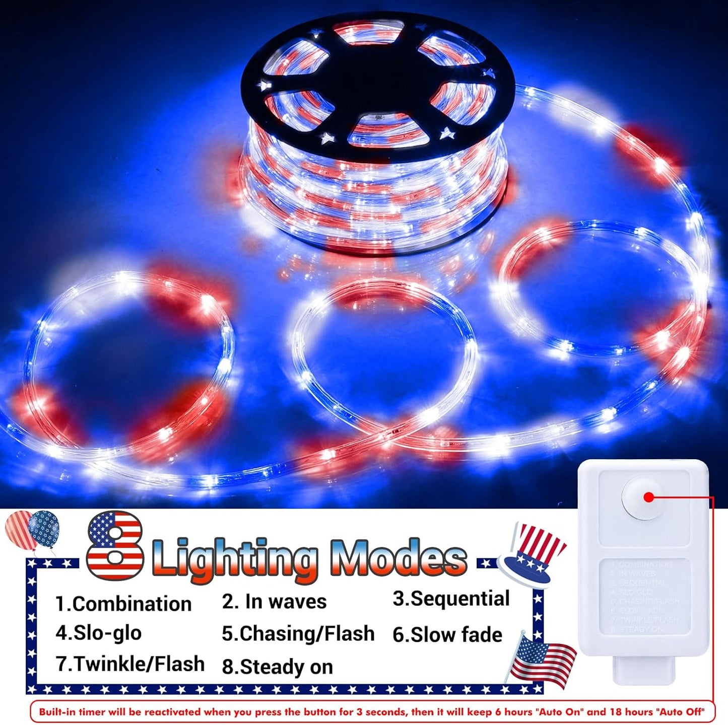 100ft LED Rope Lights Outdoor, 720 LED Connectable & Flexible Tube Lights with 8 Modes, Waterproof LED Rope Lighting for Independence Flag Day, Memorial Day, Outdoor,Indoor Decor (Red & White & Blue)