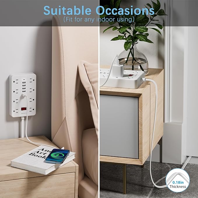 10 Ft Long Extension Cord,Power Strip Surge Protector HUNIAN Flat Plug - image 5