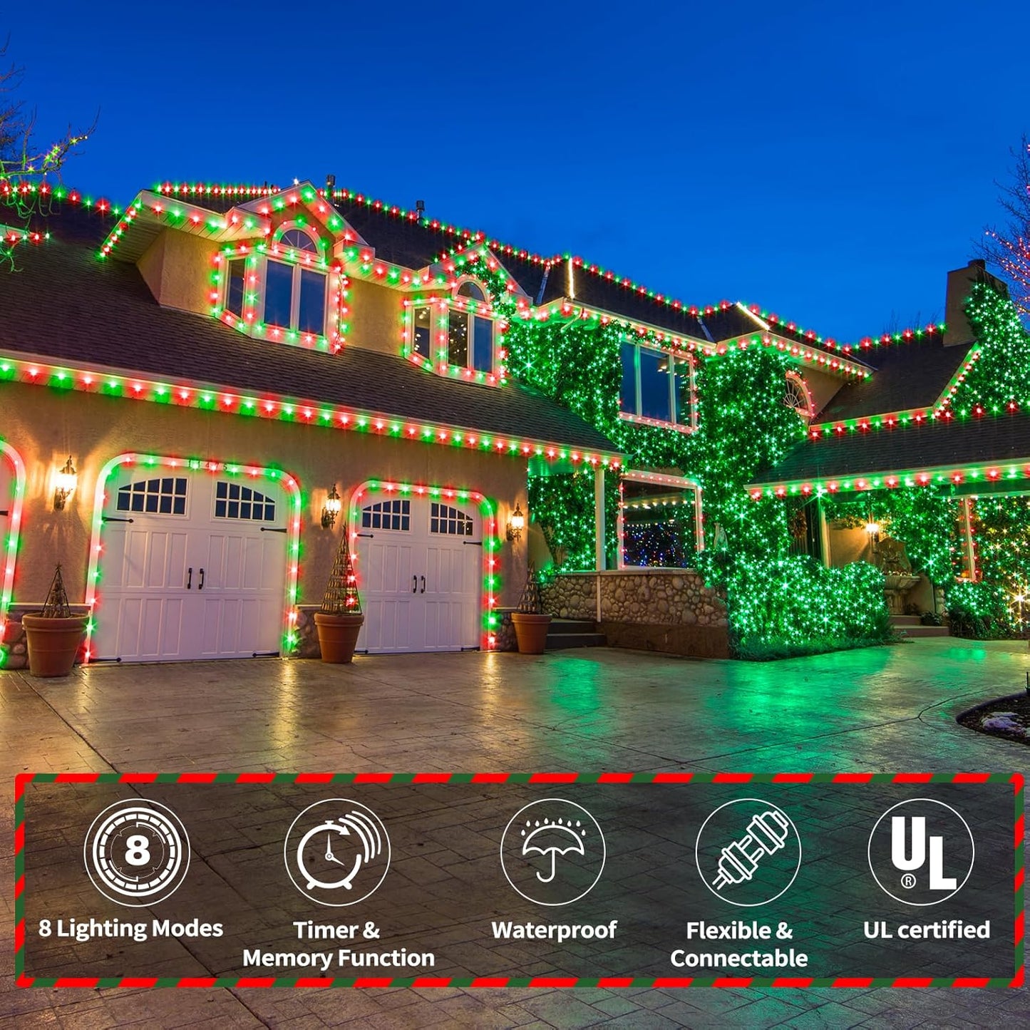 100ft LED Rope Lights Outdoor, 720 LED Connectable and Flexible Tube Lights with 8 Modes, Waterproof LED Rope Lighting for Garden Patio Pool Bedroom PartyIndoor Outdoor Christmas Decor (Red & Green)