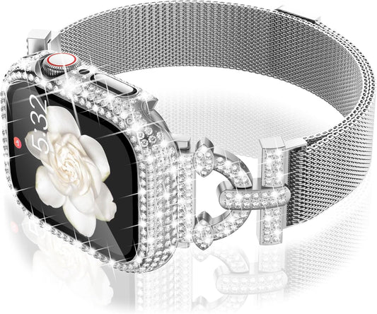 WINGLE Milanese Loop for Apple Watch Bands Women 40mm SE 3/2/1 Series 6 5 4 Slim Magnetic Metal Mesh Band with Bling Glitter Case Screen Protector Dressy Apple Watch Band iWatch Strap, Silver