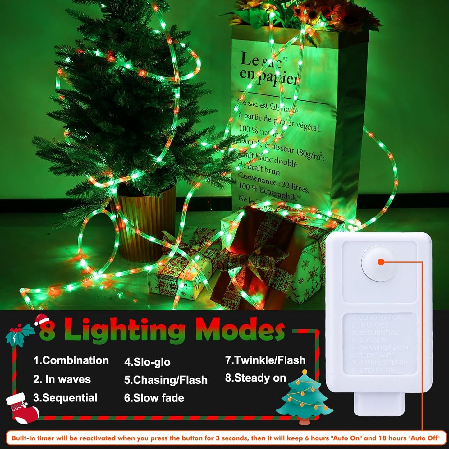 100ft LED Rope Lights Outdoor, 720 LED Connectable and Flexible Tube Lights with 8 Modes, Waterproof LED Rope Lighting for Garden Patio Pool Bedroom PartyIndoor Outdoor Christmas Decor (Red & Green)