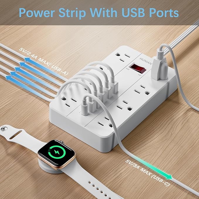 10 Ft Long Extension Cord,Power Strip Surge Protector HUNIAN Flat Plug - image 4