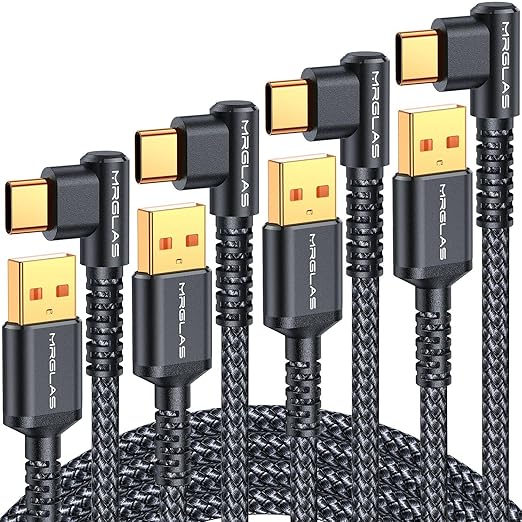 MRGLAS 3.2A USB C Charger Cable,[4-Pack,10+6.6+3.3+1.6FT] USB A to USB C Right Angle Gold-Plated Type C Charger Fast Charging Durable Braided Cord for iPhone 17 16 15 Samsung S10 Note 10 S21 LG-Black