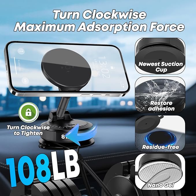 Lamway Magsafe car Mount 108 LBS Strongest Suction & 3600 gf Strongest - image 4