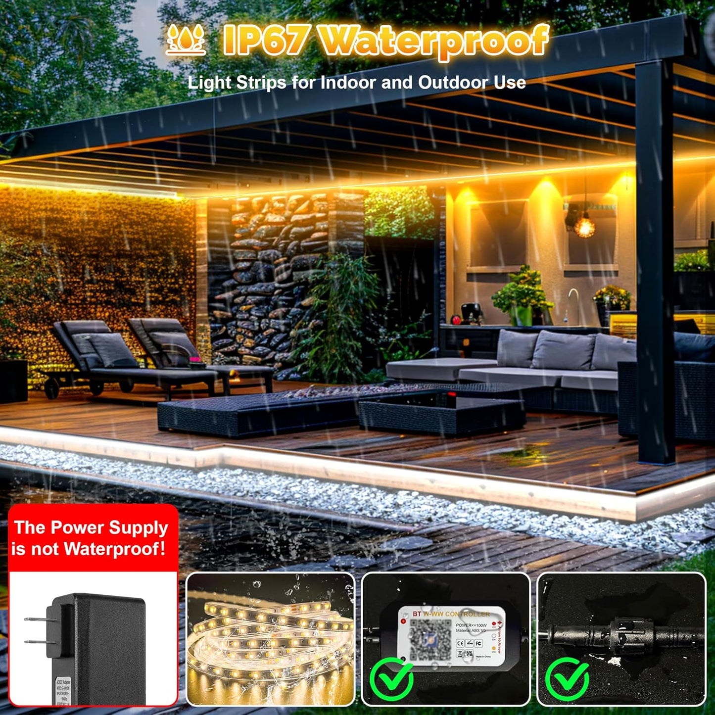 100FT Outdoor LED Strip Lights Waterproof IP67, Dimmable 3000K-6500K Warm White LED Rope Lights Outdoor Waterproof with Remote & APP, 24v Adhesive Exterior Lighting for Patio, Deck, Gazebo